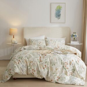 Nanko Floral Comforter Set Queen Size 3 Pcs, Sage Green White Orange Flower Leaf Printed Pattern Soft Microfiber Alternative Duvet, Farmhouse Decor Bedding Set, Bed in a Bag for Women Men Teen, 90 x90